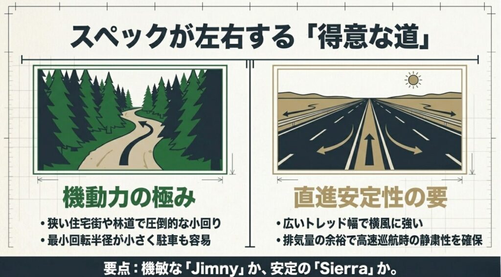 狭い林道で機動力を発揮するジムニーと、高速巡航時の静粛性や直進安定性に優れるシエラの得意な道と走行性能の違い