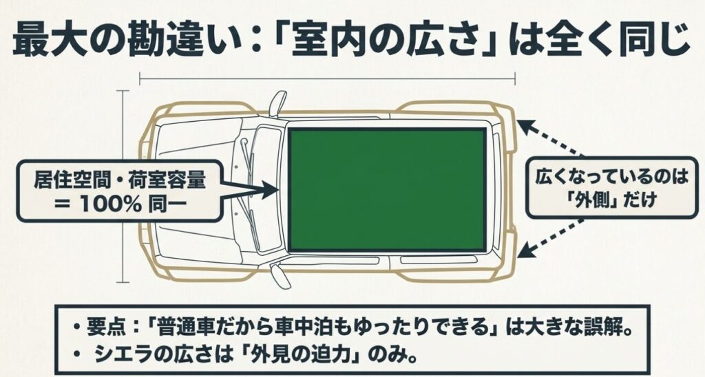 ジムニーとシエラで居住空間と荷室容量が完全に同一であり、シエラで広くなっているのは外側だけであるという最大の勘違いを説明した図