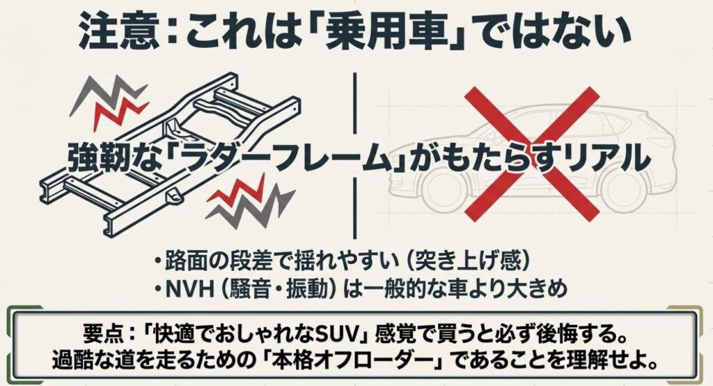 ジムニーとシエラが強靭なラダーフレームを採用した本格オフローダーであり、一般的な乗用車とは路面の揺れや騒音、振動などの乗り心地が異なることを示す注意書き
