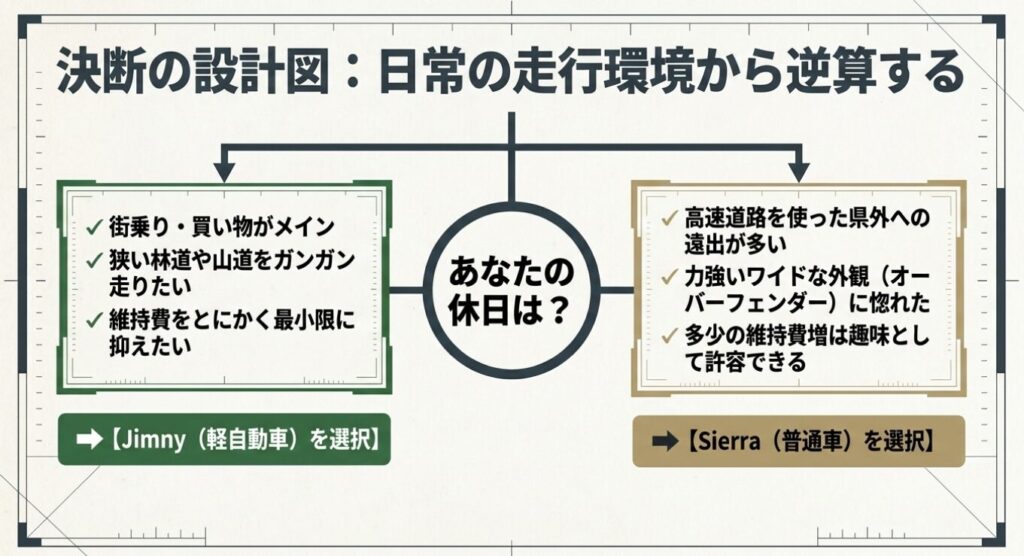 街乗りや林道メインで維持費を抑えたいならジムニー、高速道路での遠出メインでワイドな外観が好きならシエラという、日常の走行環境から逆算する選び方のフローチャート