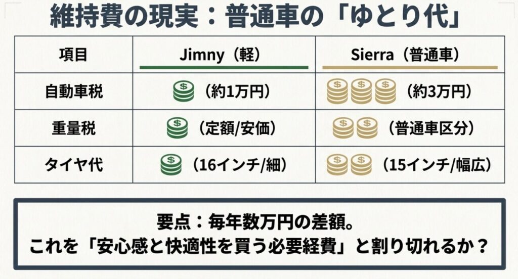 ジムニーとシエラの自動車税、重量税、タイヤ代の差額を示し、普通車のゆとり代とも言える維持費の現実を比較した表