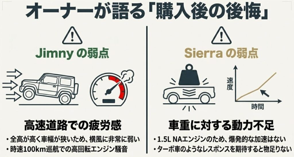 高速道路での疲労感が弱点であるジムニーと、車重に対する動力不足が弱点であるシエラについて、オーナーが語る購入後の後悔をまとめた図