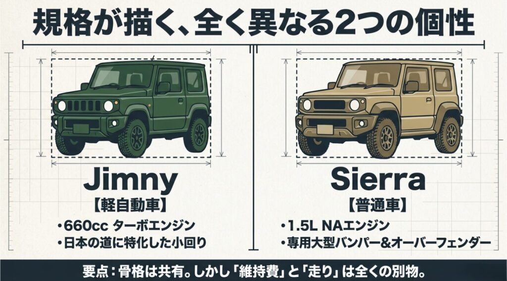 660ccターボエンジンで小回りの利く軽自動車のジムニーと、1.5LのNAエンジンでオーバーフェンダーを備えた普通車のシエラの違いをまとめた図