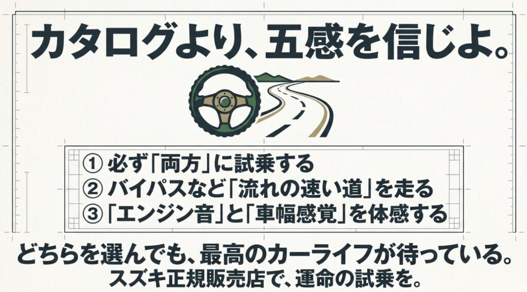 ジムニーとシエラの両方に試乗し、流れの速い道でエンジン音や車幅感覚などをカタログではなく五感で確かめることを勧める図