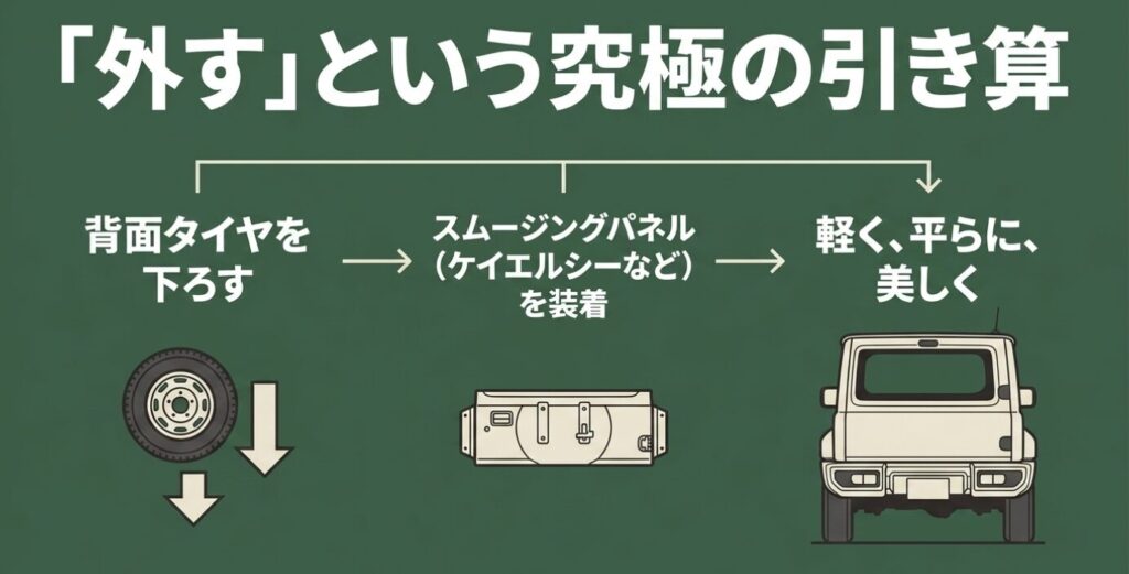 ジムニー：背面タイヤを下ろしスムージングパネルを装着することで、軽く平らで美しい後ろ姿になることを解説する図