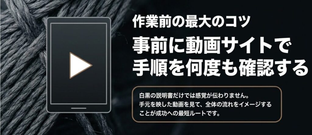 ジムニー（ハンドルカバー）：編み込み作業の前に動画サイトで手元を映した手順を何度も確認することが成功の最短ルートであることを伝えるスライド