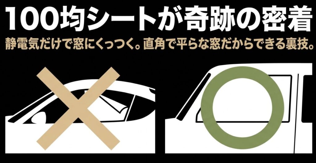 サンシェード：100均の静電気吸着シートがジムニーの平らな窓に密着する裏技