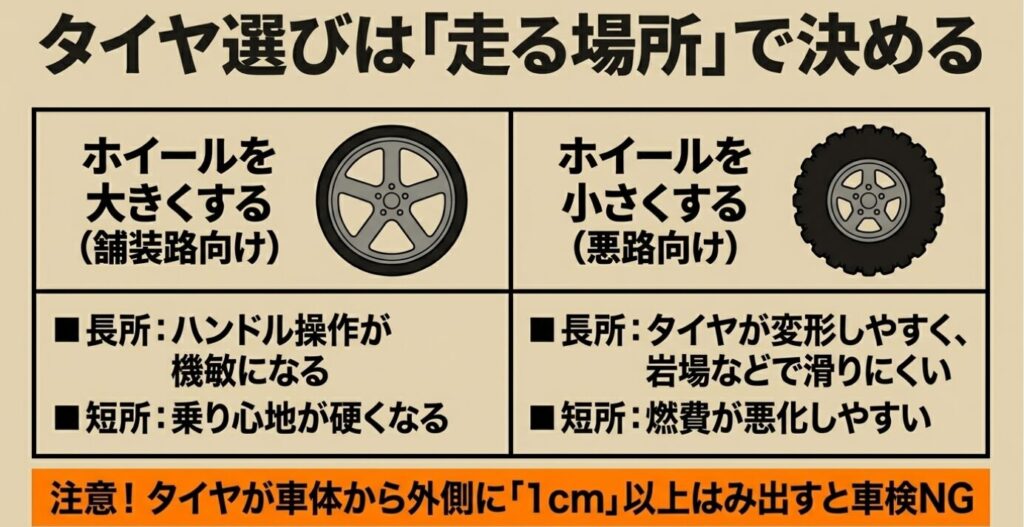 ジムニー:舗装路向けのインチアップと悪路向けのインチダウンの長所と短所。タイヤが車体から外側に1cm以上はみ出すと車検NG。