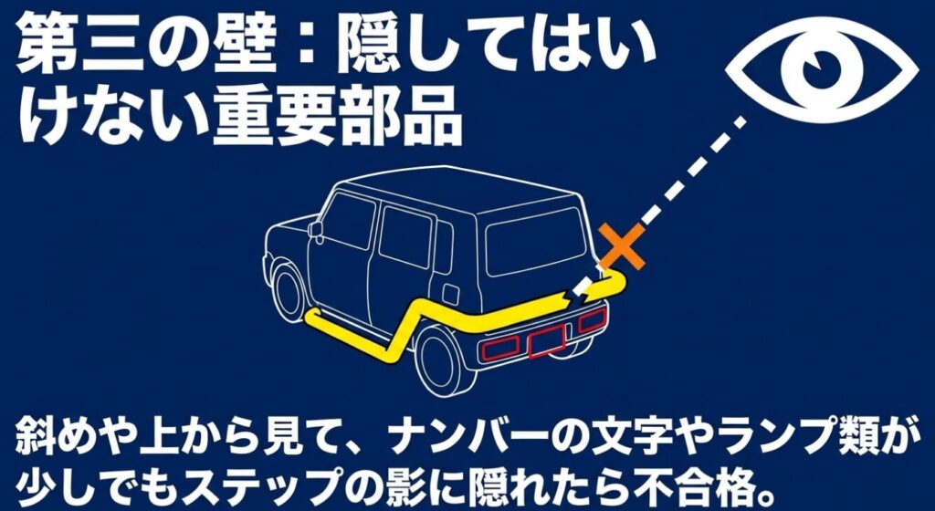 ジムニー：斜めや上から見てナンバープレートの文字やランプ類がサイドステップの影に少しでも隠れると車検不合格になることを示す図解