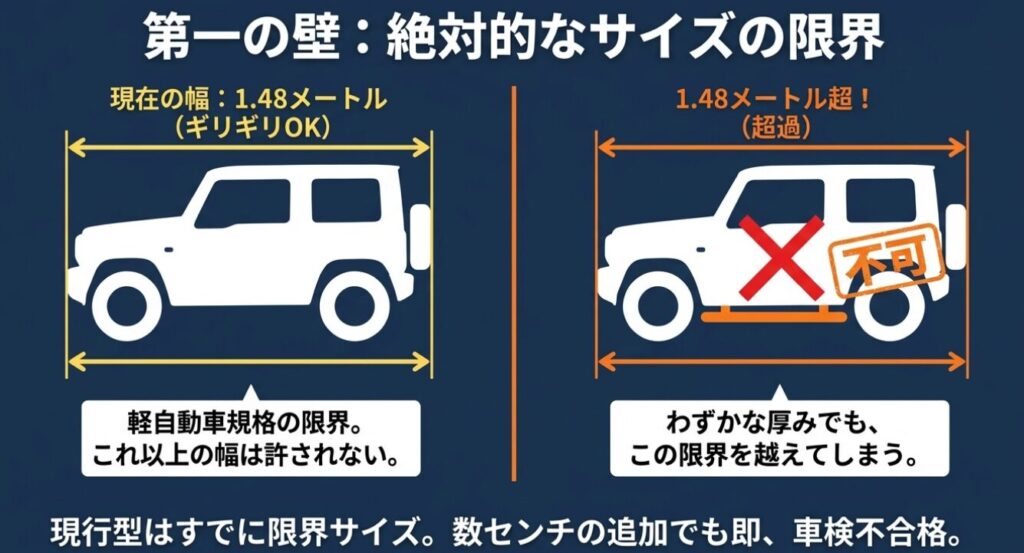 軽自動車の全幅は最大1.48メートルであり、ジムニーにサイドステップを付けると枠を超過して車検不可になることを示す図解