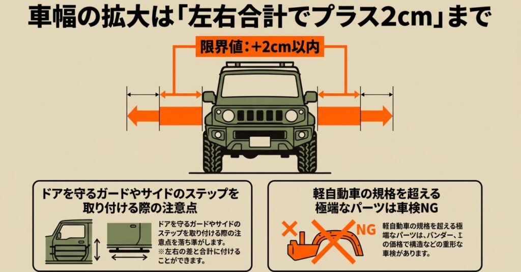 ジムニー:車幅の拡大は左右合計でプラス2cmまで。ドアを守るガードやサイドステップ取り付け時の注意点。