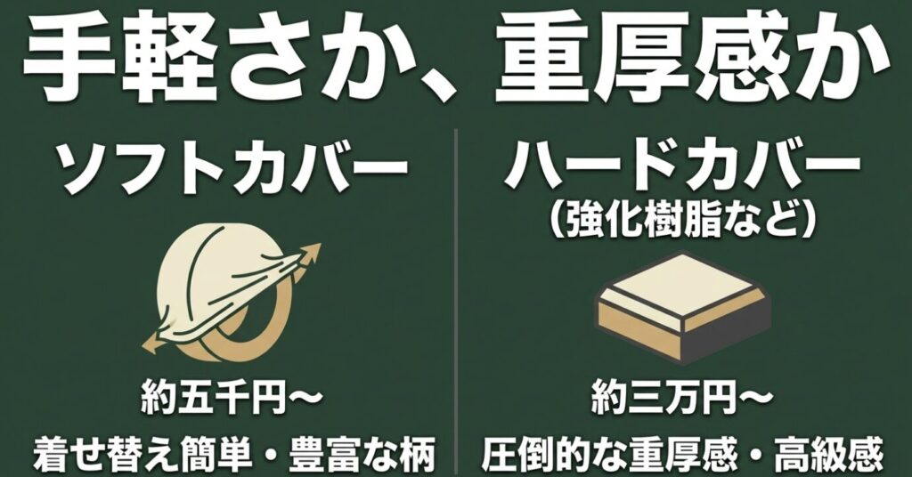 ジムニー：約5000円から手軽に着せ替え可能なソフトカバーと、約3万円から圧倒的な重厚感を持つハードカバーの特徴比較