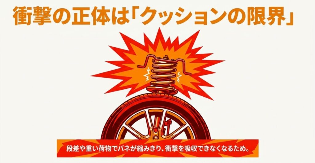 スペーシア：衝撃の正体は「クッションの限界」。段差や重い荷物でバネが縮みきり、衝撃を吸収できなくなるためと書かれた、サスペンションが衝撃を受けているイラスト付きのスライド。