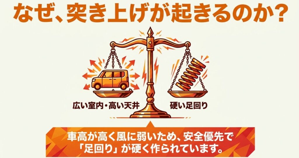 スペーシア：なぜ突き上げが起きるのか？広い室内・高い天井、硬い足回り。車高が高く風に弱いため、安全優先で足回りが硬く作られている構造を説明するスライド。