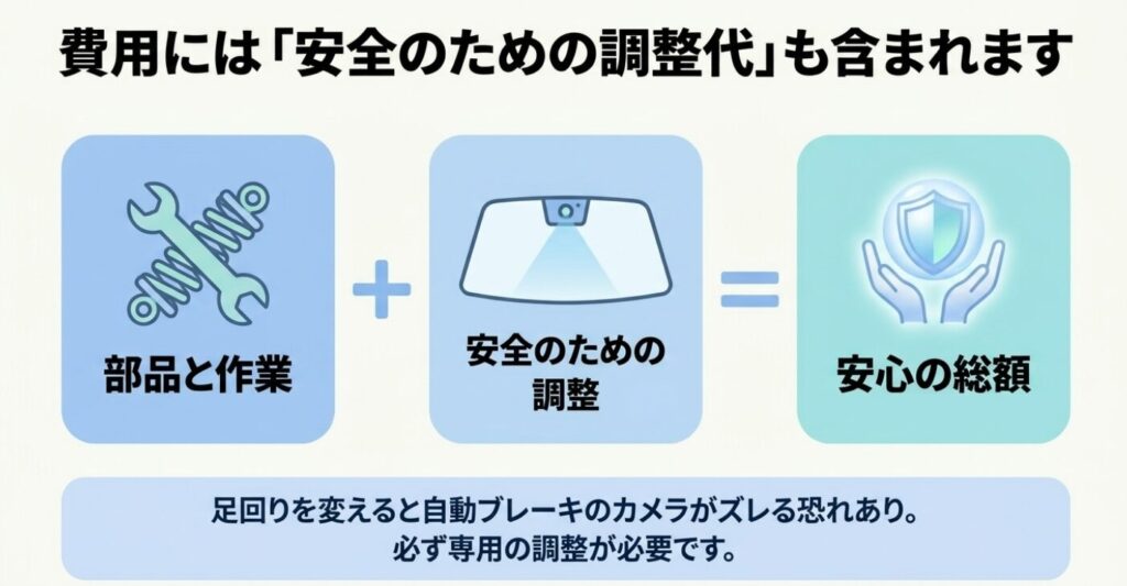 スペーシア：費用には「安全のための調整代」も含まれます。部品と作業＋安全のための調整＝安心の総額。足回りを変えると自動ブレーキのカメラがズレる恐れがあるため専用の調整が必要と説明する、工具のイラスト付きスライド。