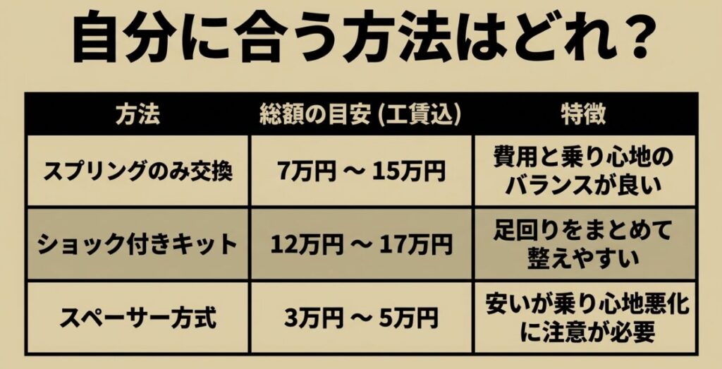スプリング交換、ショック付きキット、スペーサー方式のジムニー1インチアップ費用と特徴の比較