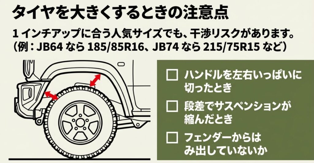 ジムニー1インチアップで大径タイヤを装着するときに確認するバンパーやフェンダー周辺の干渉箇所
