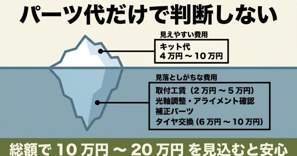 キット代のほか工賃、光軸調整、補正パーツ、タイヤ代がかかるジムニー1インチアップの総費用
