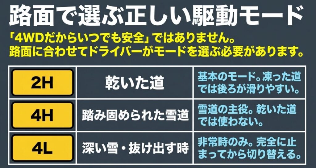 乾燥路は2H、圧雪路は4H、深雪やスタック脱出時は4Lを使用する駆動モード一覧