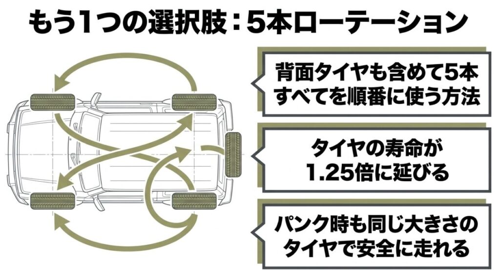 ジムニー：もう一つの選択肢、5本ローテーション。背面タイヤも含めて5本全てを使うことでタイヤ寿命が1.25倍に延びるメリット