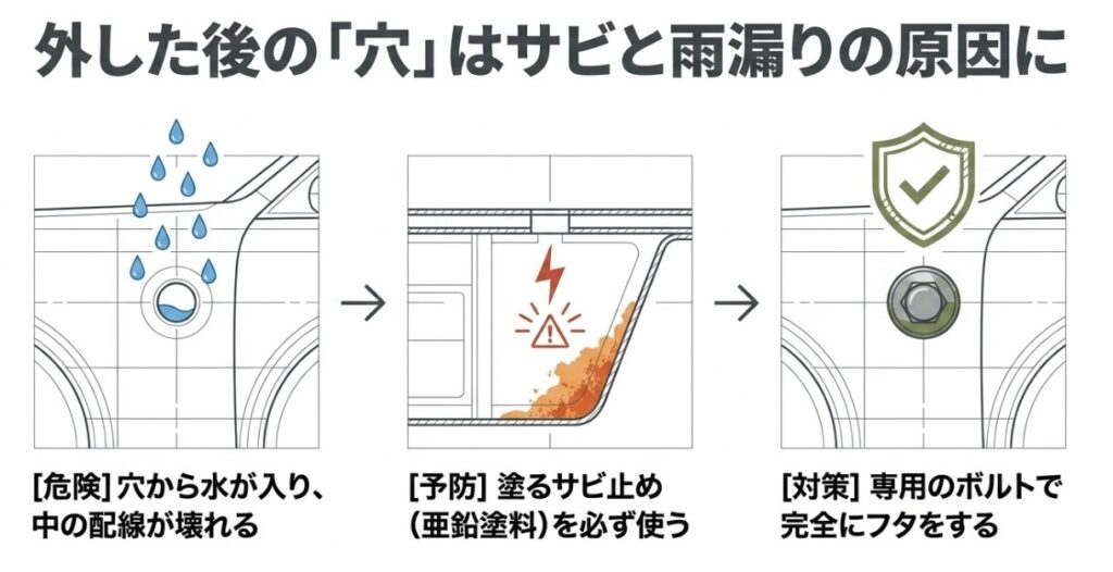 ジムニー：外した後の穴はサビと雨漏りの原因に。穴から水が入り配線が壊れる危険があるため、サビ止めを塗り専用ボルトでフタをする対策が必要