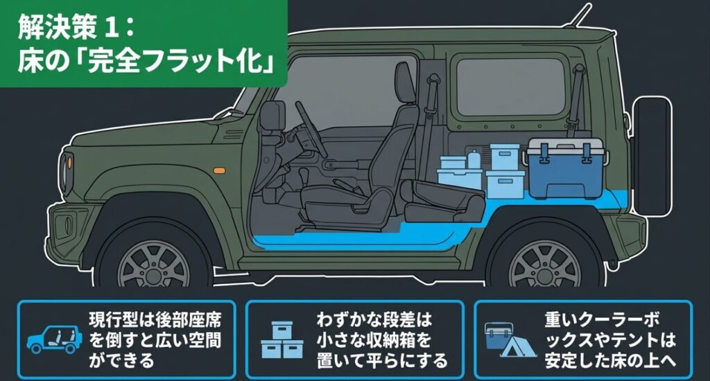 ジムニーの後部座席を倒して荷室をフラット化し、コンテナやクーラーボックスを安定して積む方法を示した画像