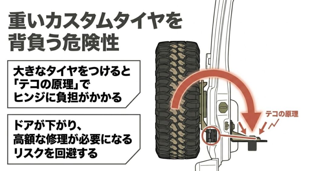 ジムニー：重いカスタムタイヤを背負う危険性。テコの原理でヒンジに負担がかかりドアが下がるリスクを図解