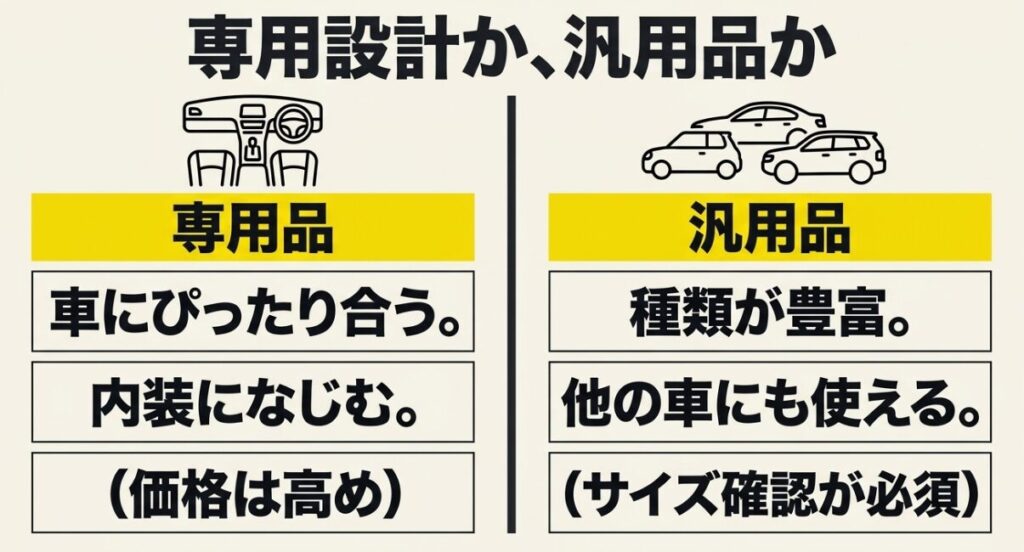 ジムニー専用ゴミ箱と汎用品のフィット感・価格・使い回しやすさを比較した図