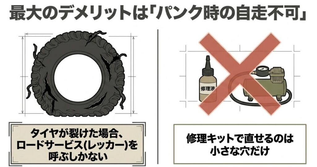ジムニー：スペアタイヤを外す最大のデメリットはパンク時の自走不可。タイヤが裂けた場合、修理キットでは直せずロードサービスが必要になるリスク
