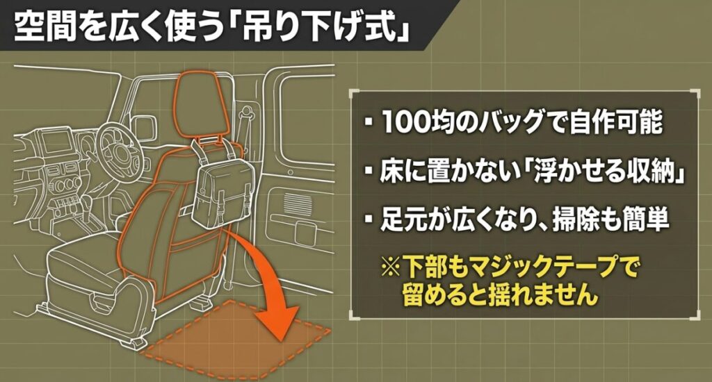 ジムニーのシート背面へ100均バッグを吊り下げて足元を広く保つ浮かせるゴミ箱の自作方法