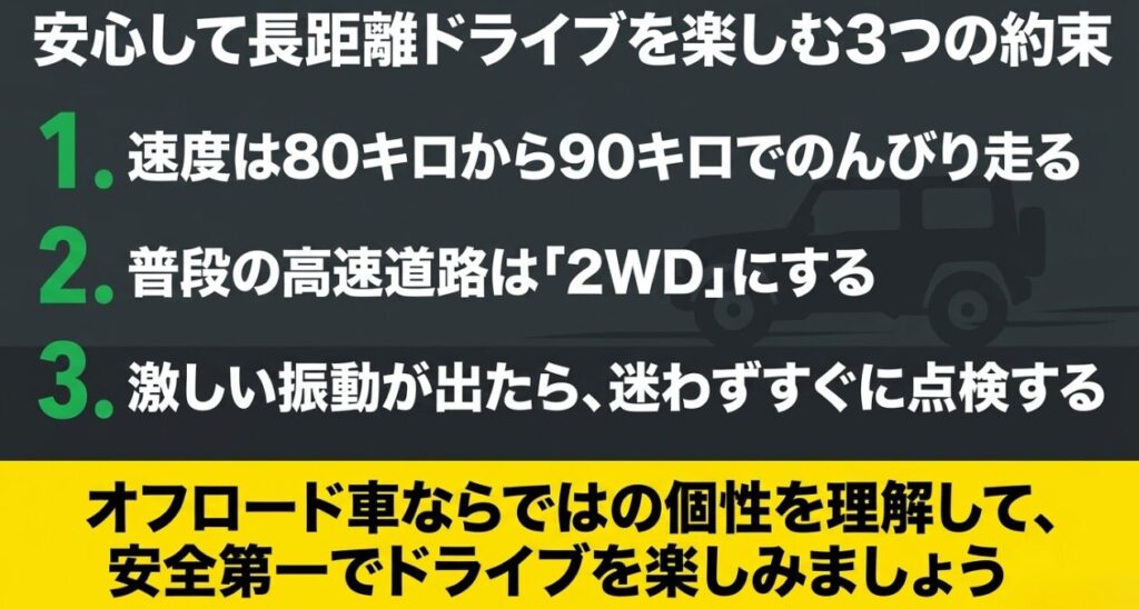 80〜90km/hで巡航し、通常は2Hを使用し、激しい振動はすぐ点検する3つの安全対策