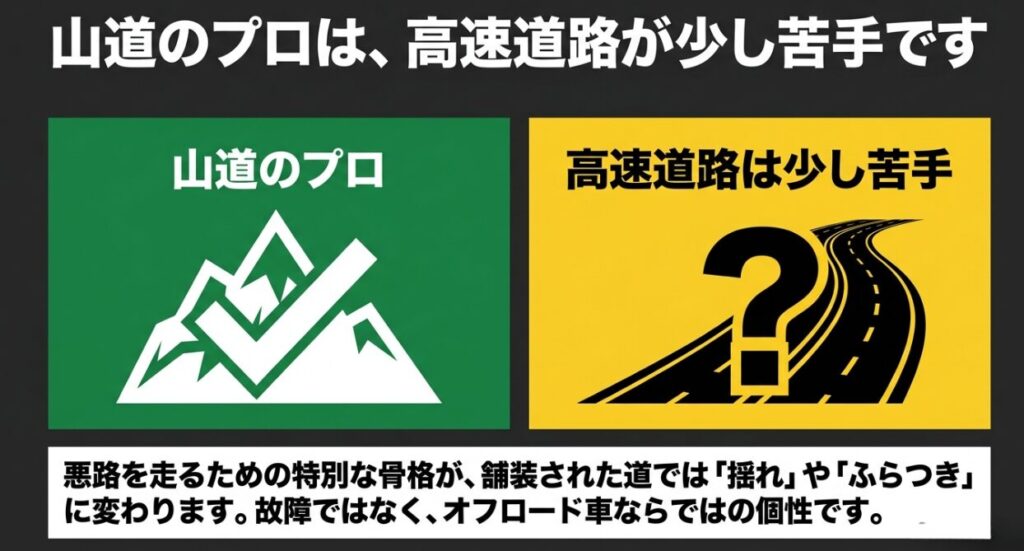 山道に強いジムニーの車体構造が、高速道路では揺れやふらつきにつながることを示した図