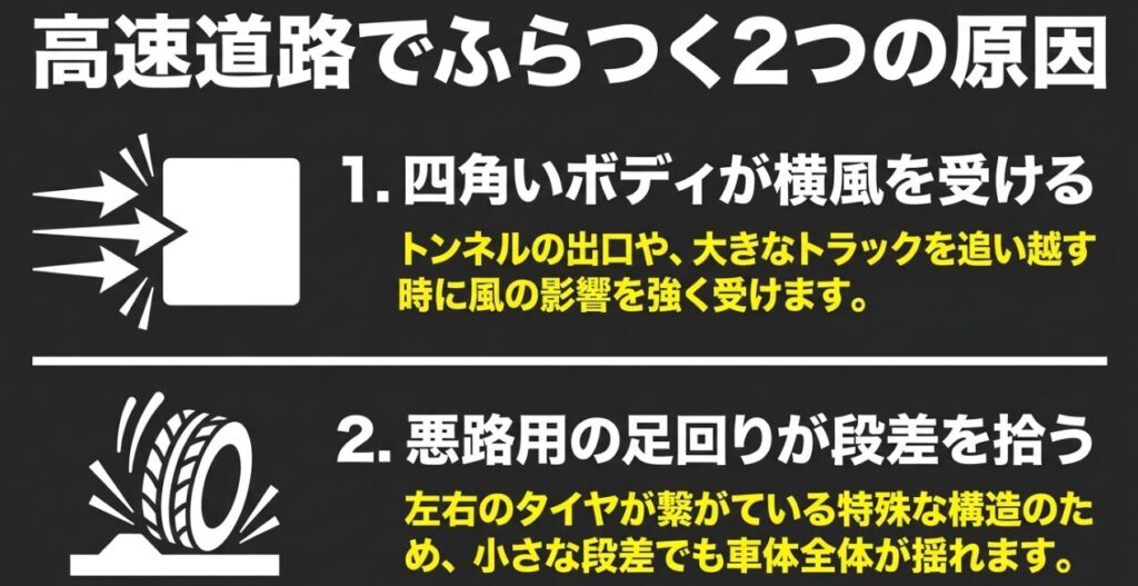 四角いボディが横風を受けることと、リジッドアクスル式の足回りが段差を拾うことを示した図