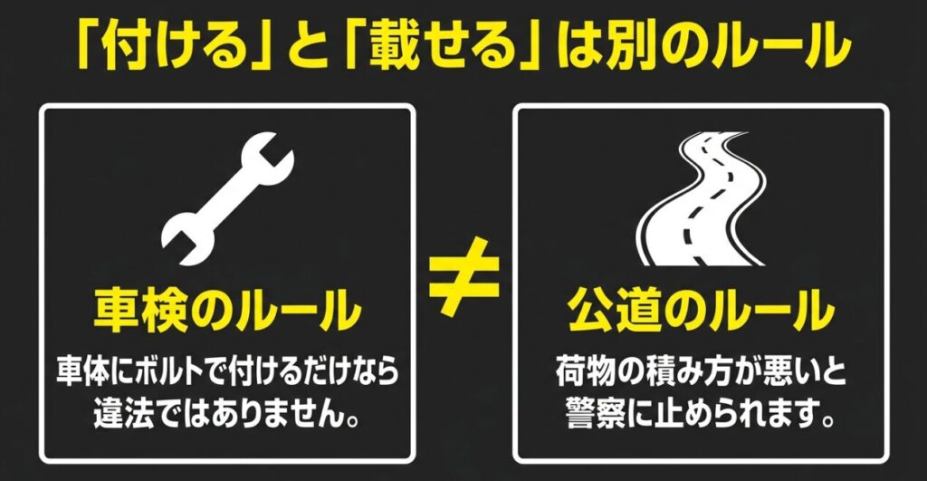 ヒッチキャリアの装着は車検のルール、荷物を載せた公道走行は積載のルールで確認する違い