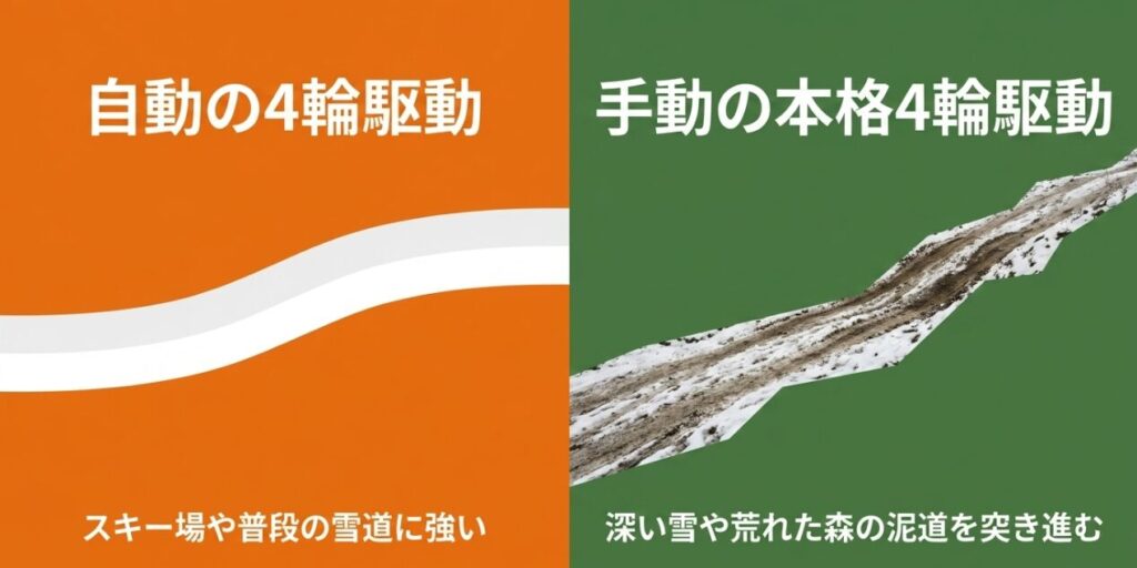 ハスラーの自動4WDは普段の雪道やスキー場向き、ジムニーの手動4WDは深雪や荒れた泥道向きと比較したスライド