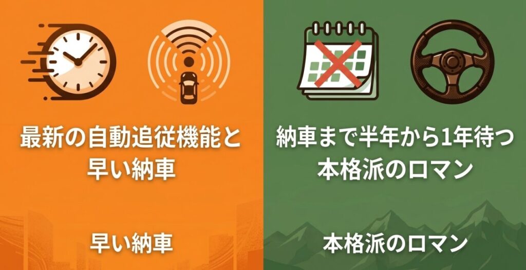 ハスラーは自動追従機能と比較的早い納車、ジムニーは長い納期と本格四駆の魅力を示す比較スライド