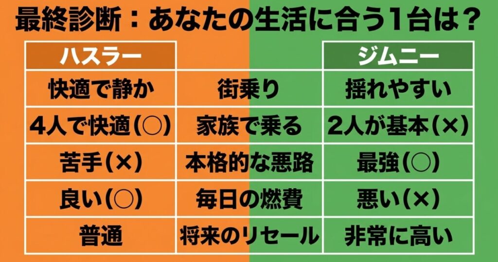 街乗り、家族利用、悪路走行、燃費、リセールの5項目でハスラーとジムニーを比較した最終診断表