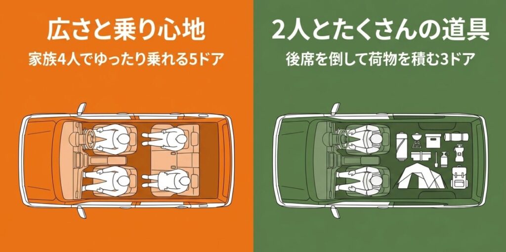 ハスラーは家族4人でゆったり乗れる5ドア、ジムニーは2人で多くの道具を積みやすい3ドアと示す比較スライド