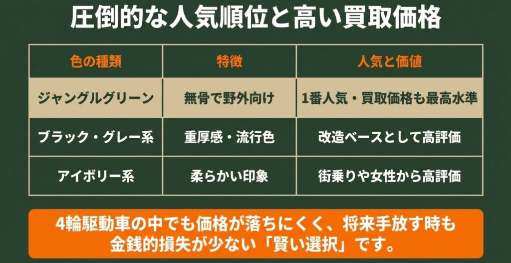 ジムニーのジャングルグリーン、ブラック・グレー系、アイボリー系の人気と価値を比較した表