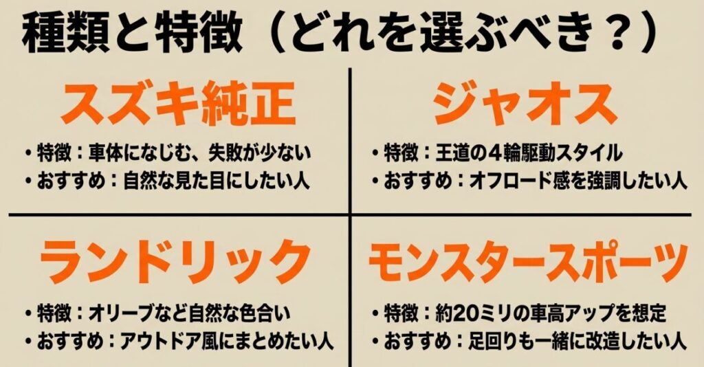 スズキ純正、JAOS、LANDLIC、MONSTER SPORTのジムニー用泥除けの特徴と向いている人を比較