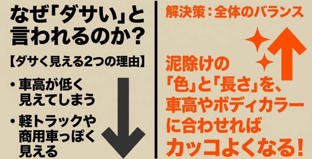 ジムニーの泥除けで車高が低く見えることや商用車っぽく見える理由と、色や長さによる改善方法