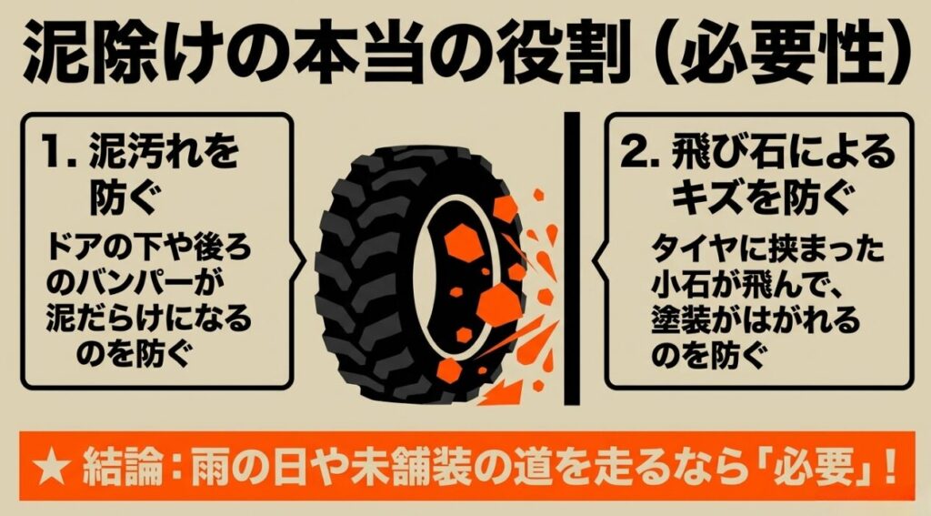 ジムニーの泥除けがドアやバンパーの泥汚れと飛び石による塗装傷を軽減する仕組み