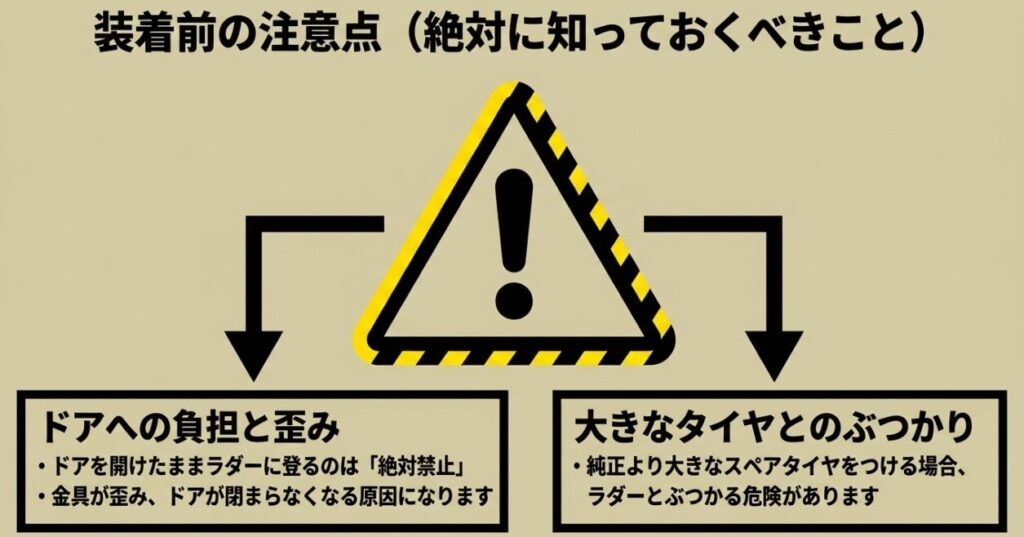 ジムニー用リアラダー装着前の注意点：ドアへの負担と大径タイヤとの干渉リスク