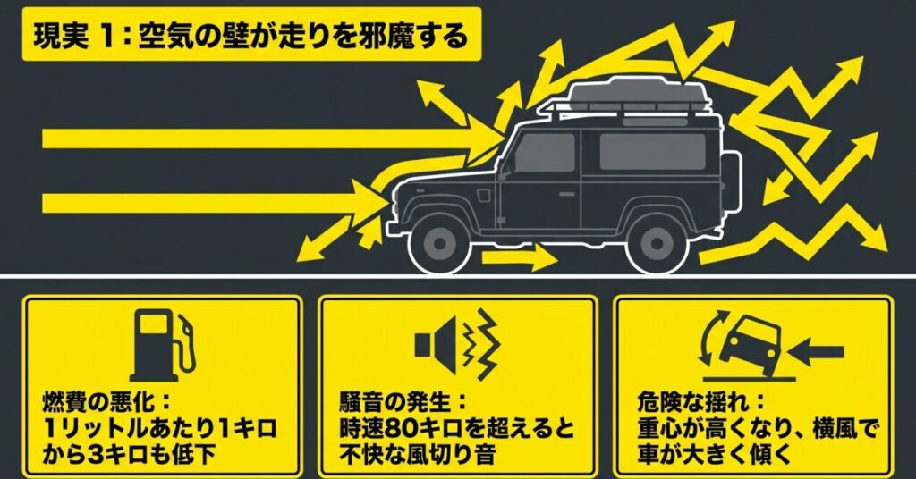 ジムニーのルーフラック装着で空気抵抗が増え、燃費低下や風切り音、横風の揺れが起きることを示した図