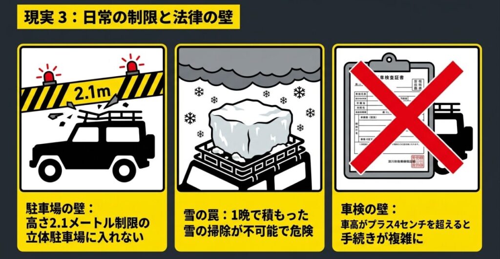 ジムニーのルーフラックで駐車場の高さ制限、雪下ろしの困難、車検時の注意点が生じることをまとめた画像
