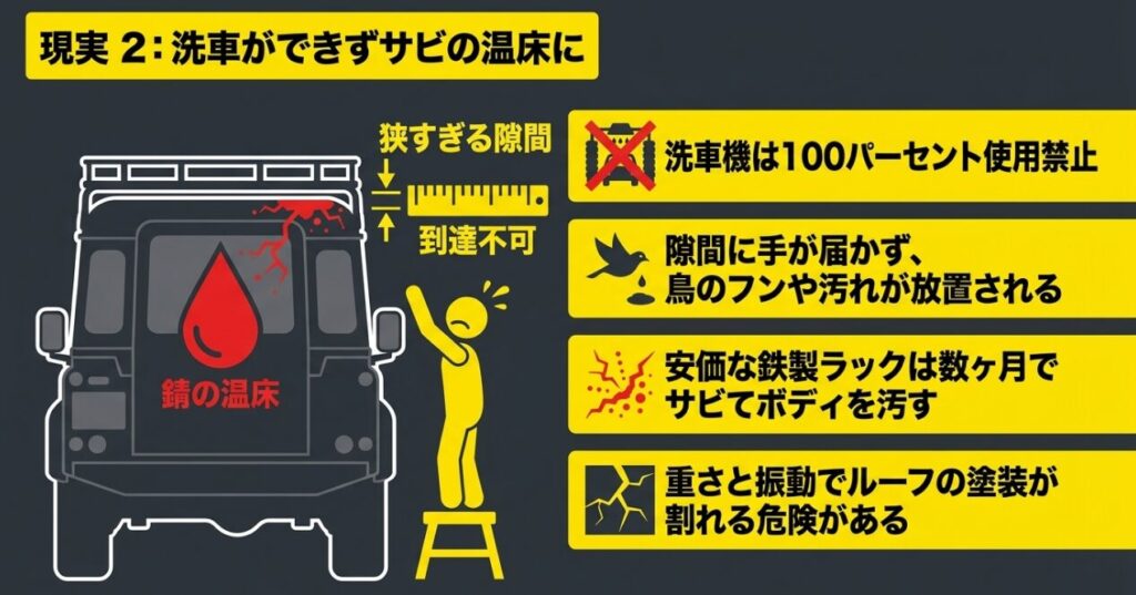 ルーフラックにより洗車機が使えず、隙間の汚れやボルトのサビ、ルーフ塗装への悪影響が起きることを示した画像