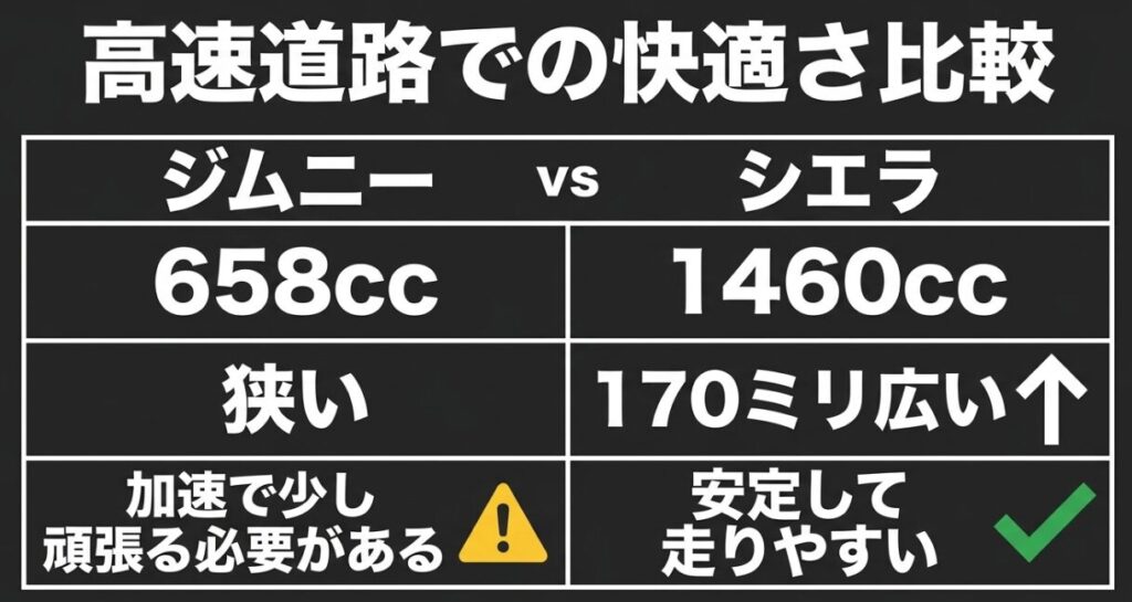 ジムニー658ccとシエラ1460ccの排気量、車幅、高速道路での安定性を比較した表