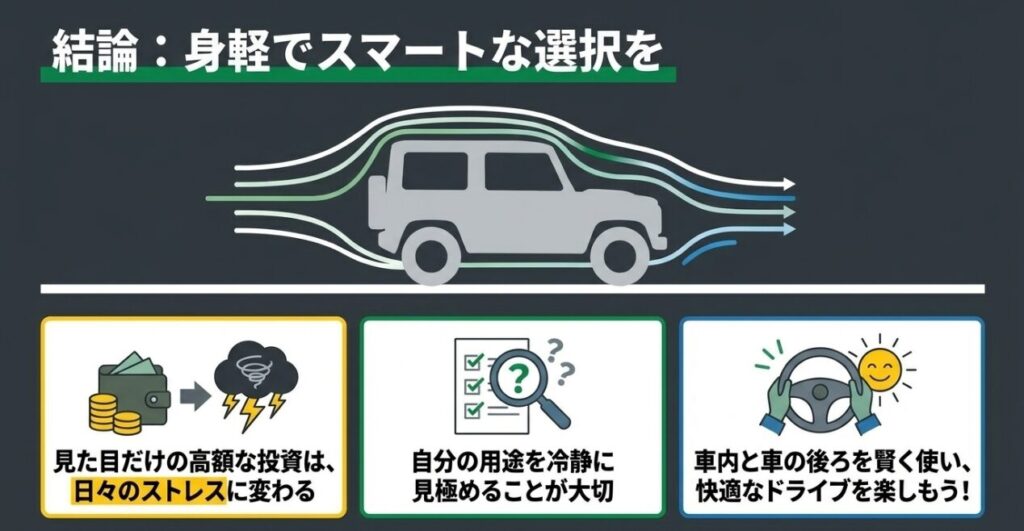 高額なルーフラック導入前に用途を見極め、車内や車の後ろを賢く使う選択を促すまとめ画像
