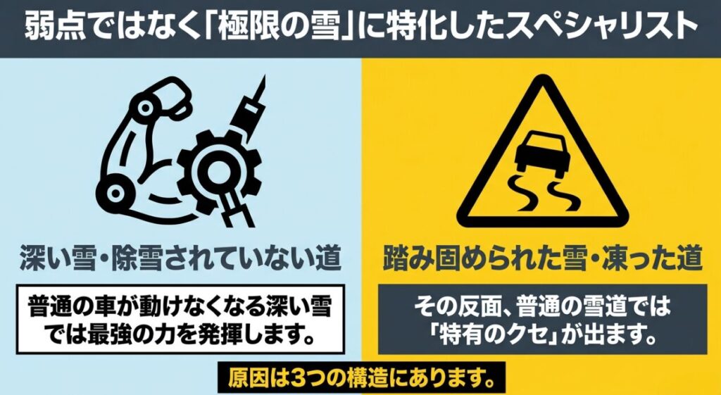 深雪や未除雪路では強い一方、圧雪路や凍結路では特有の扱いにくさが出るジムニーの特徴