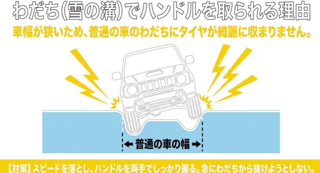 車幅の狭いジムニーが普通車の雪の轍に収まりにくく、左右へハンドルを取られる仕組み
